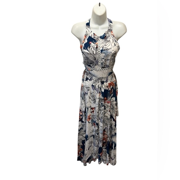 Jaase Endless Summer Magnolia Print Floral Maxi Dress Sz M Cut Out Back Crochet - Picture 2 of 12